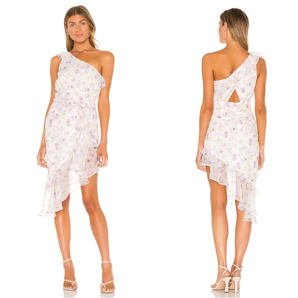 MAJORELLE One-Shoulder White Dress with Lavender Floral Print